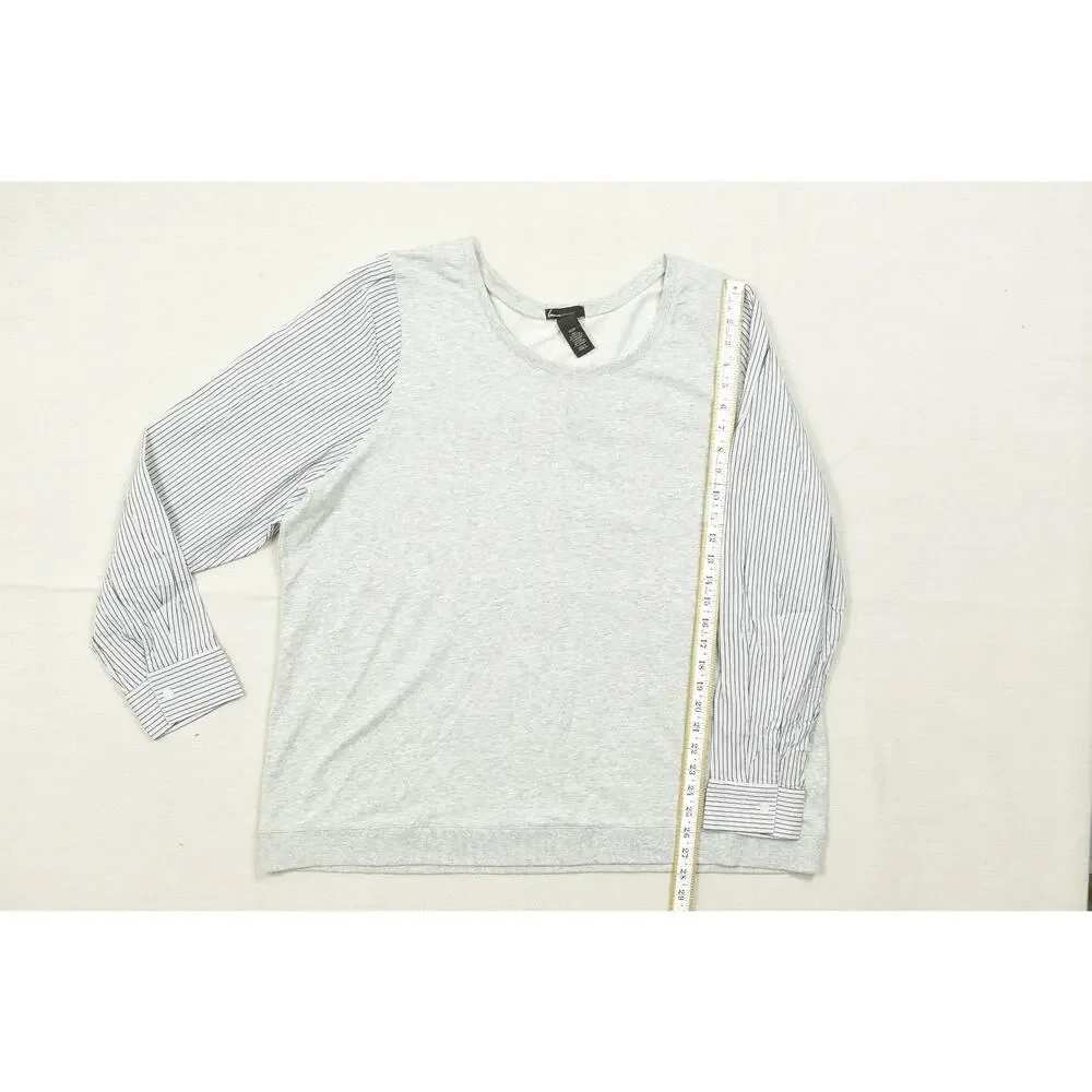 Lane Bryant Women 22/24 Gray Knit Top Striped Woven Long Sleeves Mixed Media